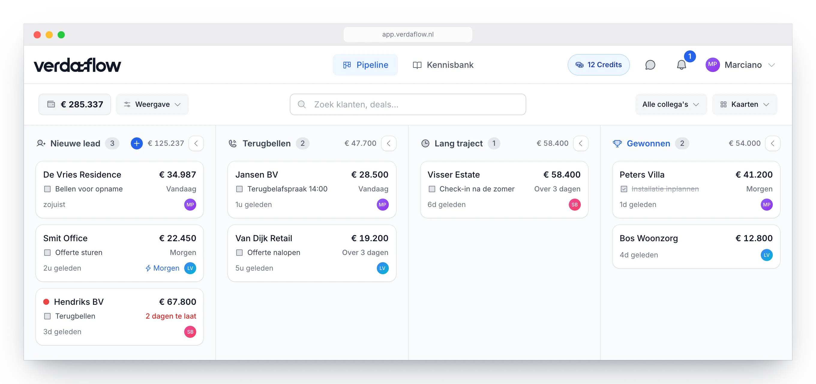 De pipeline in Verdaflow met De Vries Residence als nieuwe lead