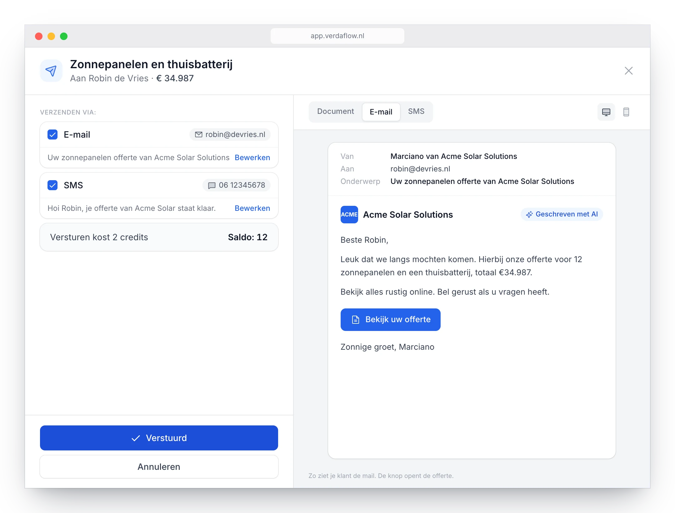 Een offerte versturen per e-mail en sms vanuit Verdaflow